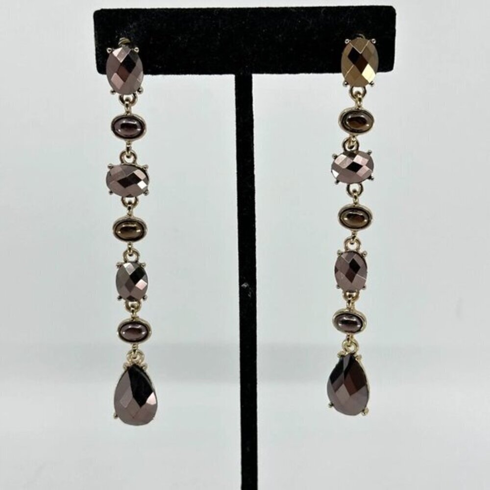 Mia Earrings Brown Faceted Gold Tone Statement Formal Elegant Long 3.5" Dangle